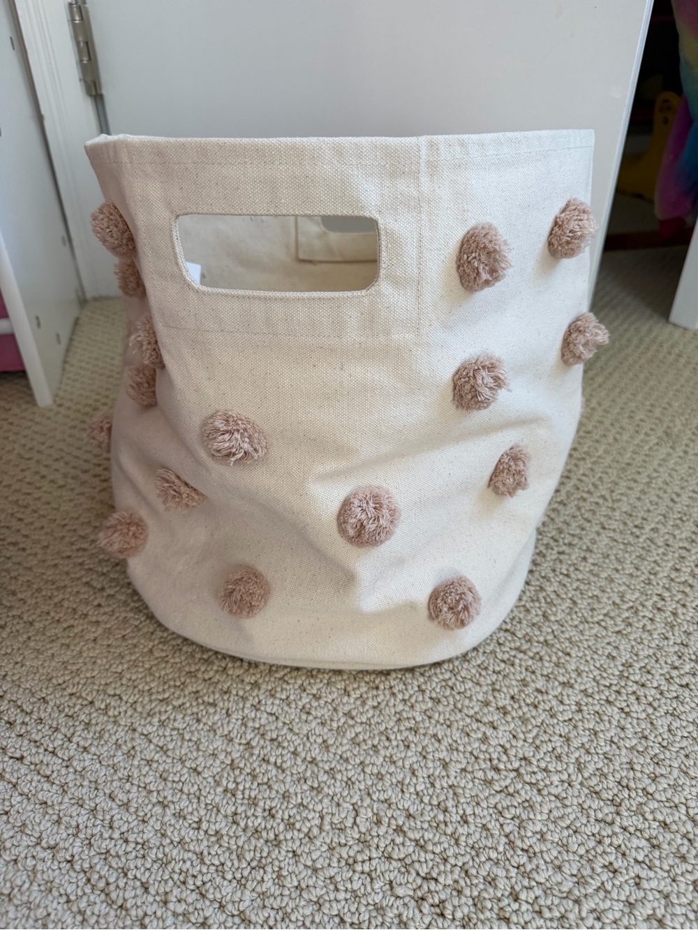 Canvas Storage Bin with Taupe Pom-Poms
